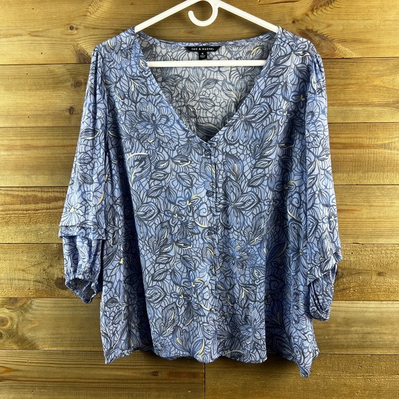 Rachel Tops - Zac & Rachel Womens Shirt 3/4 Tiered Sleeve Vneck Button Up Floral Blue Boho XL